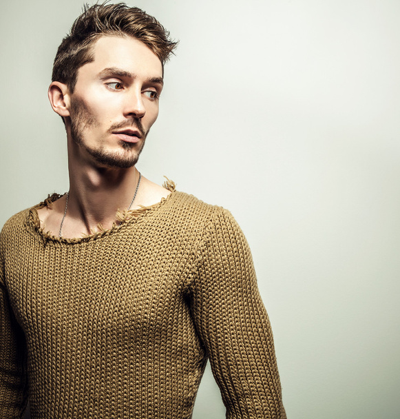 Studio portrait of young handsome man in knitted sweater. Close-up photo. - 写真・画像