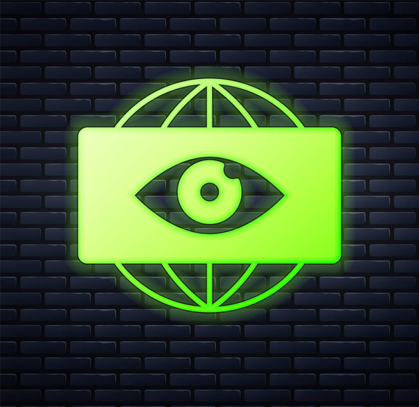 Leuchtende Neon Big Brother elektronische Auge Symbol isoliert auf Backsteinwand Hintergrund. Globale Überwachungstechnologie, Computersysteme und Netzwerksicherheit. Vektor. - Vektor, Bild