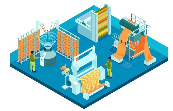 Isometric textile industry composition with isolated view of factory department with machines operated by human characters vector illustration - Wektor, obraz