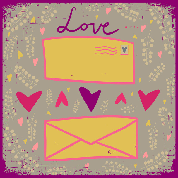 Love card with two letters and hearts. Vector illustration. Happy Valentines Day. - Vector, Image