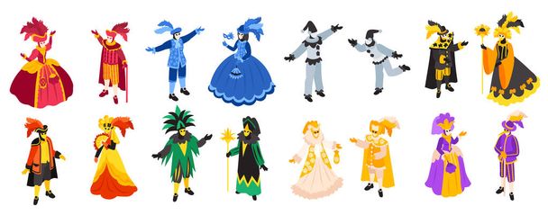 Isometric venetian costumes carnival icon set with isolated human characters wearing different colourful suits with masks vector illustration - Διάνυσμα, εικόνα