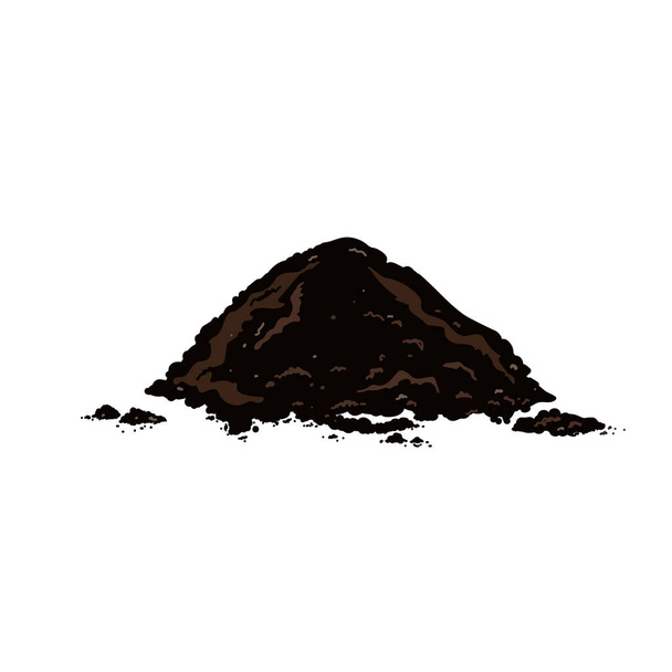 Black soil pile, dirt or humus mound in front view isolated on white background. Flat vector realistic illustration of heaps of organic ground, topsoil or peat. - Vektor, kép