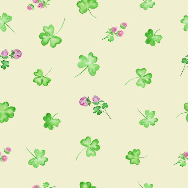  Watercolor seamless pattern for St. Patrick Day. Hand drawn clover illustration isolated on an olive background background. For packaging, wrapping design or print - Вектор,изображение