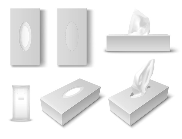 Embalagem de tecido de papel conjunto mockup realista com papelão e embalagens de plástico ilustração vetorial isolado - Vetor, Imagem