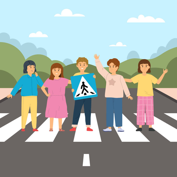 Дитячі правила дорожнього руху композиція з відкритим ландшафтом та дітьми, що стоять на вуличній прогулянці, що тримає дорожній знак Векторні ілюстрації
 - Вектор, зображення
