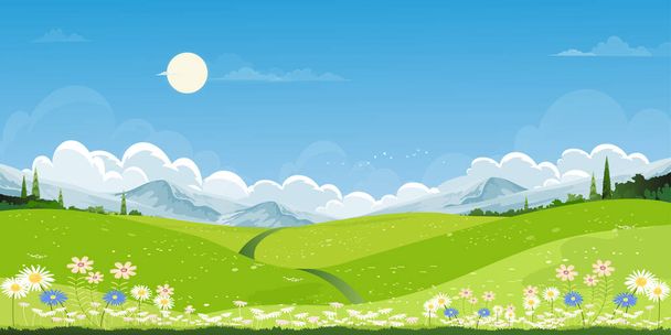 Весняні зелені поля ландшафт з горою, блакитне небо і хмари фон, Панорама мирні сільські природні навесні з зеленою травою землі. Мультфільм Векторні ілюстрації для весняного та літнього банера
 - Вектор, зображення