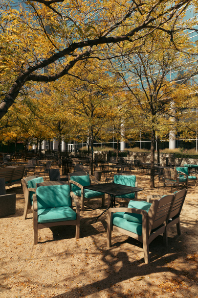 mesas de bistró y sillones bajo árboles con follaje otoñal en el parque de la ciudad de Nueva York - Foto, imagen