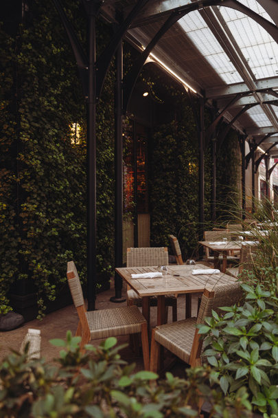 cafe terrace under transparent roof near building covered with green ivy in New York City - Zdjęcie, obraz
