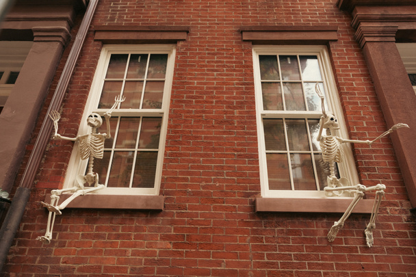 low angle view of spooky skeletons on window of brick house in New York City - Zdjęcie, obraz