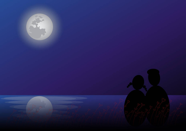 Lover watching full moon beside the lake, valentine romantic background. - Vector, Imagen