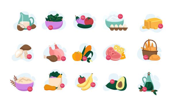 Macronutrients flat set on blank background with isolated icons of raw food products and served dishes vector illustration - Wektor, obraz