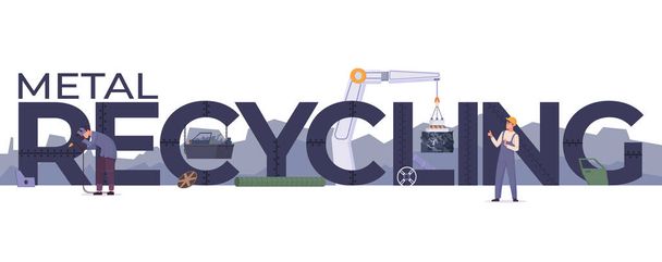 Metal recycling composition with editable text surrounded by dumping site images with machinery and human workers vector illustration - Wektor, obraz