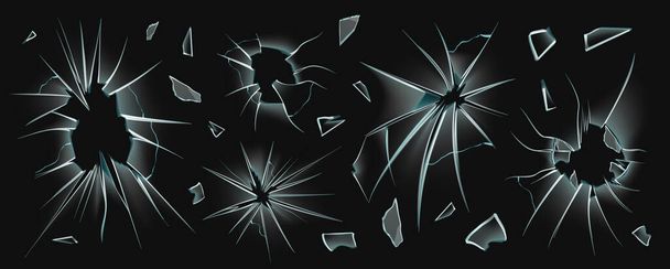Realistic broken glass pieces set with isolated sketch style images of window holes and flying shards vector illustration - Wektor, obraz