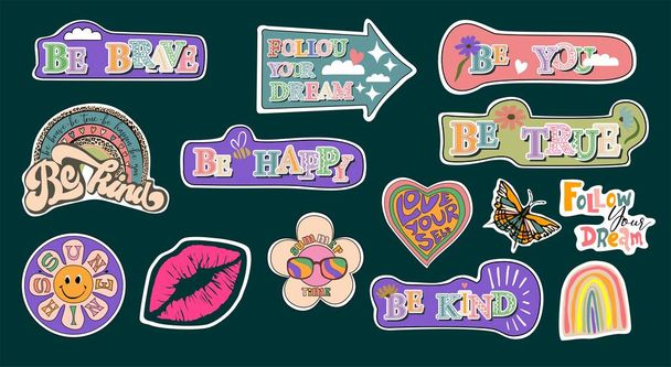 Collection of various patches, stickers. Groovy hippy funky style 70s retro sticker set with lips, flowers, sun, rainbow. Sticker pack in trendy retro psychedelic cartoon style. Vector illustration. - ベクター画像