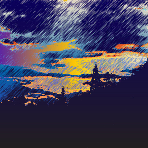 Landscape with silhouettes of trees and storm clouds - Vector, Image
