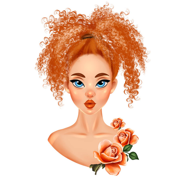 Beautiful red hair girl portrait. Hand drawn curly girl - Φωτογραφία, εικόνα