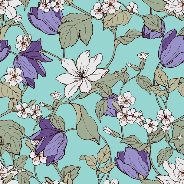 Seamless pattern with flowers magnolia and tulips - Vecteur, image