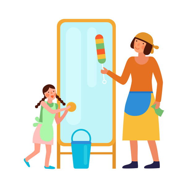 掃除子供は大人と子供のドアの文字ベクトルのイラストと家庭の掃除の観点から両親の組成を助ける - ベクター画像