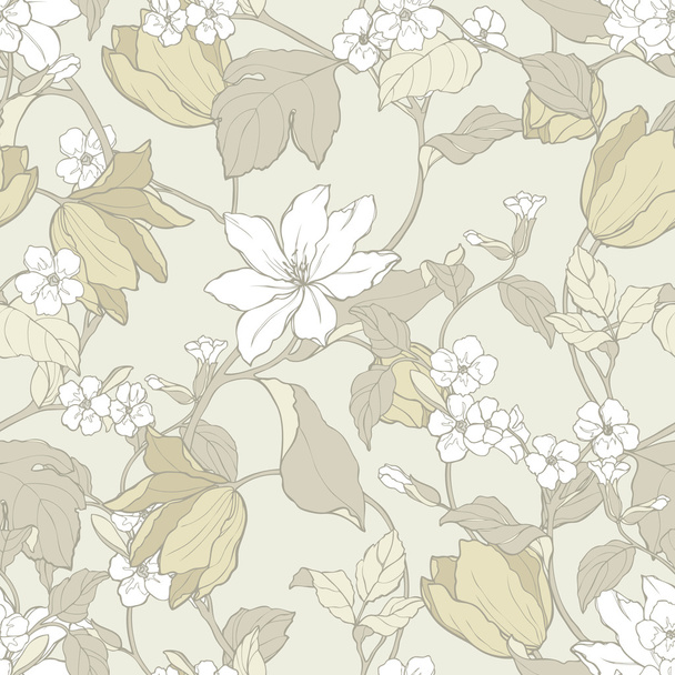 Seamless pattern with flowers magnolia and tulips - Vektor, Bild