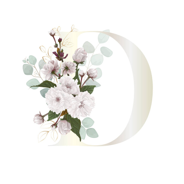Floral Alphabet. Letter with white botanic springs flowers, branch bouquet composition. Wedding invitations, birthdays. Vector illustration. - Vecteur, image