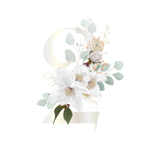Floral Number. Digit with white botanic springs flowers, and branch bouquet composition. Wedding invitations, birthdays. Vector illustration. - Vector, Image