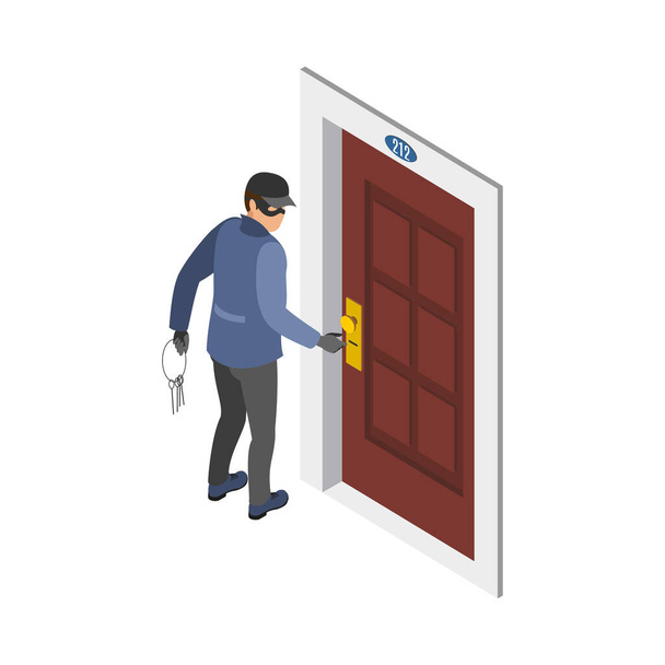 Security systems isometric icons composition with view of burglar human character vector llustration - Διάνυσμα, εικόνα