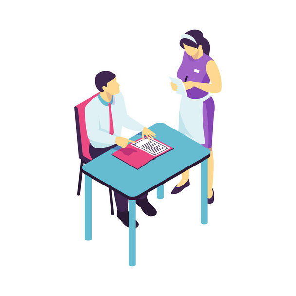 Isometric restaurant waiter composition with isolated human character of worker in uniform and cafe visitor vector illustration - Vettoriali, immagini