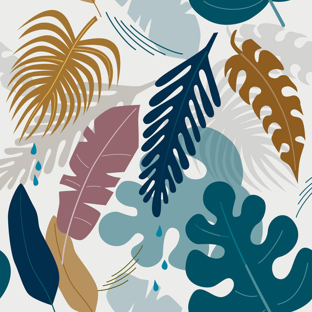 Сучасний безшовний візерунок з тропічним листям, щільними джунглями. Мінімалістичний ботанічний візерунок, модні кольори. Векторний фон
 - Вектор, зображення