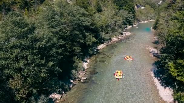 人々は船で川をラフティングしています.4kモンテネグロのタラ川の上に撃たれた無人機.新鮮なきれいな川の水と岩を脂質.モンテネグロと野生スポーツの穏やかな自然景観. - 映像、動画