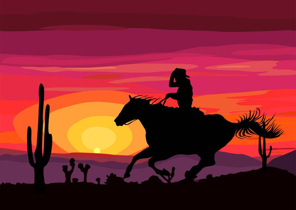 Cowboy riding horse silhouette with desert sunset landscape scene background vector art illustration design. - Вектор,изображение