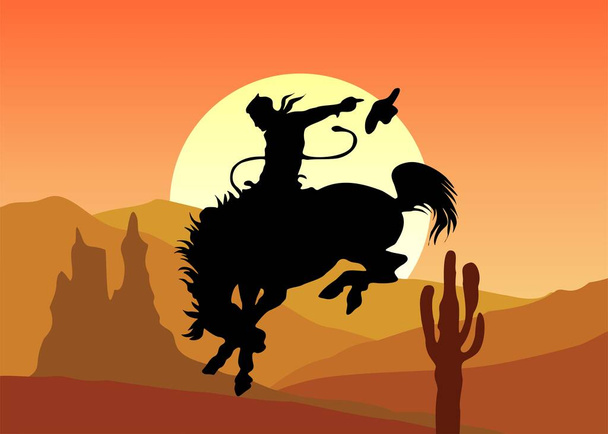 Cowboy riding horse silhouette with desert sunset landscape scene background vector art illustration design. - Вектор,изображение