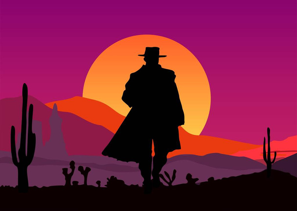 Cowboy silhouette with desert sunset landscape scene background vector art illustration design. - Vector, Image