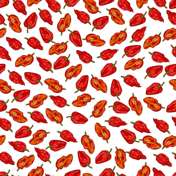 Seamless pattern with Bhut Jolokia ghost chile peppers. Naga jolokia. U-morok. Capsicum chinense. Chili pepper. Vegetables. Cartoon style. Vector illustration isolated on white background. - Vector, imagen