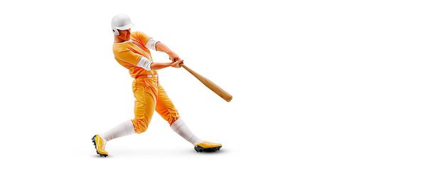 Realistic silhouette of a baseball player on white background. Baseball player batter hits the ball. - Foto, immagini