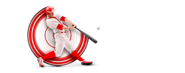 Realistická silueta baseballového hráče na bílém pozadí. Baseball hráč pálkař zasáhne míč. - Fotografie, Obrázek