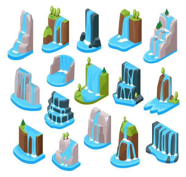 Waterfall set with national park scenery symbols isometric isolated vector illustration - Vector, imagen