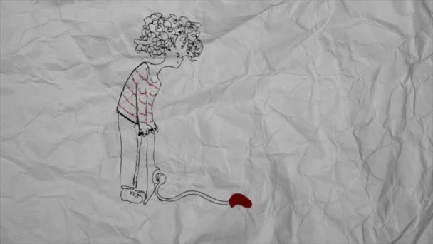 Animated video of a boy inflating a heart-shaped balloon on white paper background  - Video