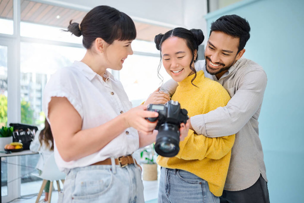Photography, digital camera and team check photo results, creative memory picture or Tokyo production. Lens, art creativity and happy photographer partnership, teamwork and analysis of photoshoot. - 写真・画像