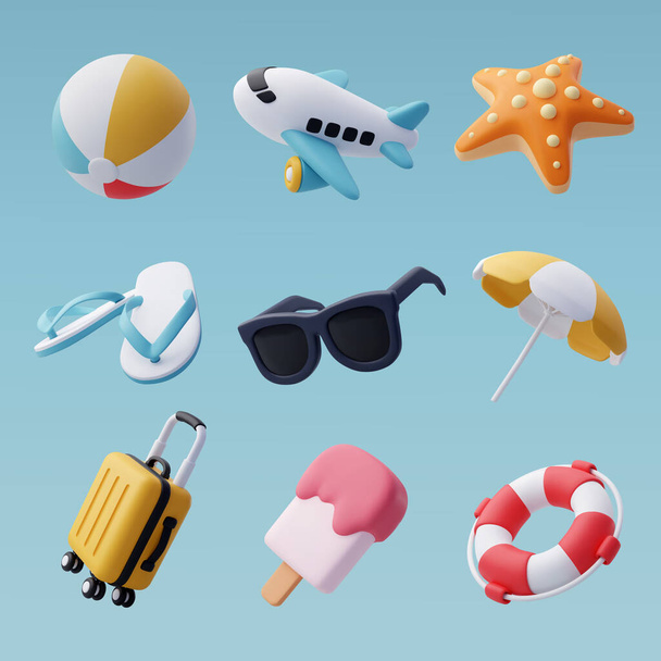 3d vector set of beach and sea, Summer Journey, Time to Travel Concept. - Διάνυσμα, εικόνα