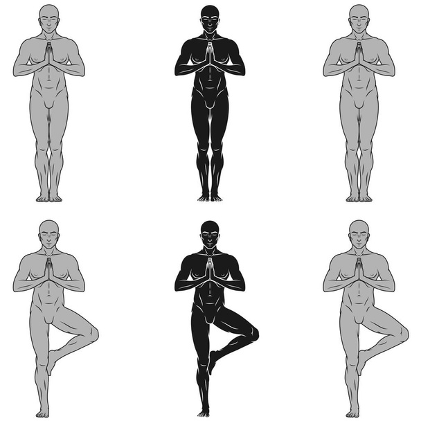 Vücut geliştirme ve pilates egzersizi yapan, yoga yapan bir adamın vektör tasarımı. - Vektör, Görsel