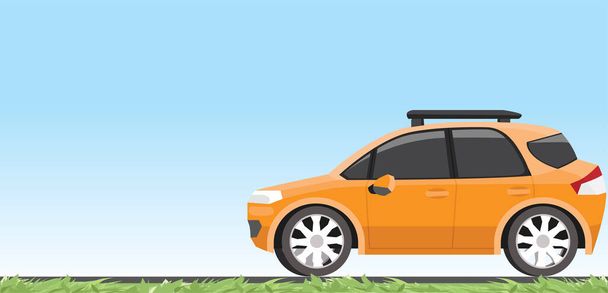 Side view of travel vehicle orange color with roof rack attached. on the asphalt road with leaf of green grass. and clear of the sky for background. - Vector, Imagen