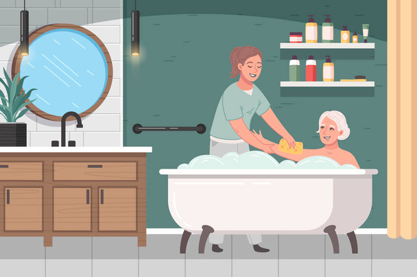 Vanhusten hoito sarjakuva juliste sairaanhoitaja auttaa vanha nainen kylpy vektori kuva - Vektori, kuva