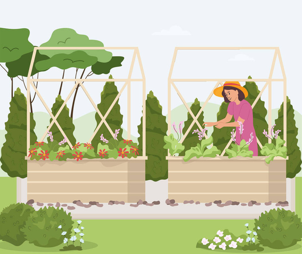 Kotisivu puutarhanhoito tasainen koostumus ulkona maisema ja nainen hattu työskentelee puutarha kukkapenkkiin vektori kuva - Vektori, kuva