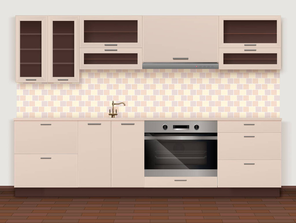 Modern classic kitchen interior with furniture elements cooker and bronze water tap realistic vector illustration - Vektör, Görsel
