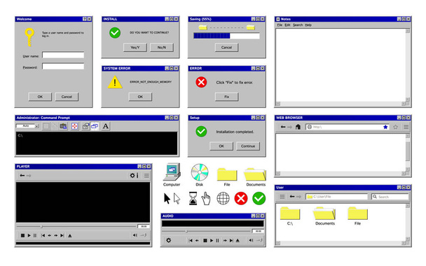 Old program windows set with isolated images of retro computer app interface with colorful icons buttons vector illustration - ベクター画像