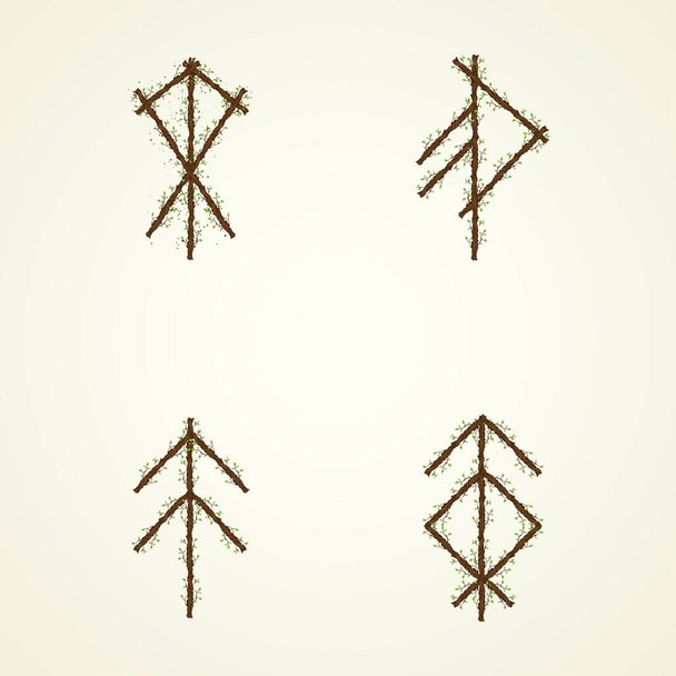 Wooden texture with abstract Scandinavian bind rune with branches and leaves. Viking runes frame and text for meaning - Vector, Image