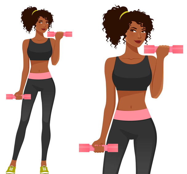 young girl in sport outfit, lifting dumbbells. African American woman in gym wear, working out. Healthy lifestyle concept. Cartoon character. Isolated on white. - Вектор, зображення