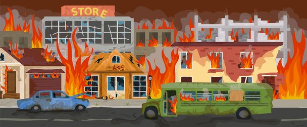 Город на огненном горизонтальном фоне, изображающем пламя, вырывающееся из окон разбитых домов плоская векторная иллюстрация - Вектор,изображение