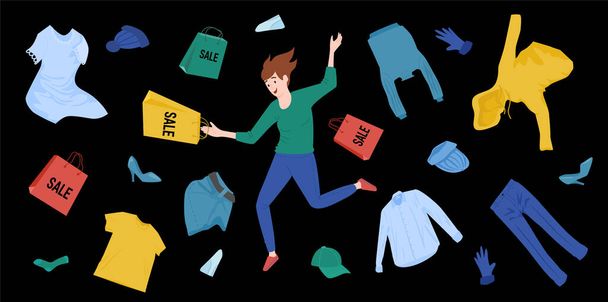 Big sale flat color background with shopaholic character running for flying clothes and accessories vector illustration - Vector, Image
