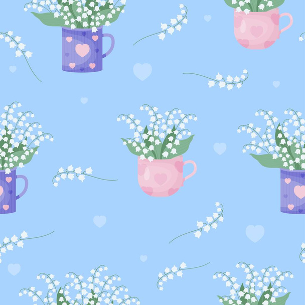 Квітковий безшовний візерунок. Букети квіти Травневі лілії долини в чашці на синьому фоні. Векторні ілюстрації. Весняний візерунок з лісовими квітами для дизайну, упаковки, шпалер та прикраси
 - Вектор, зображення